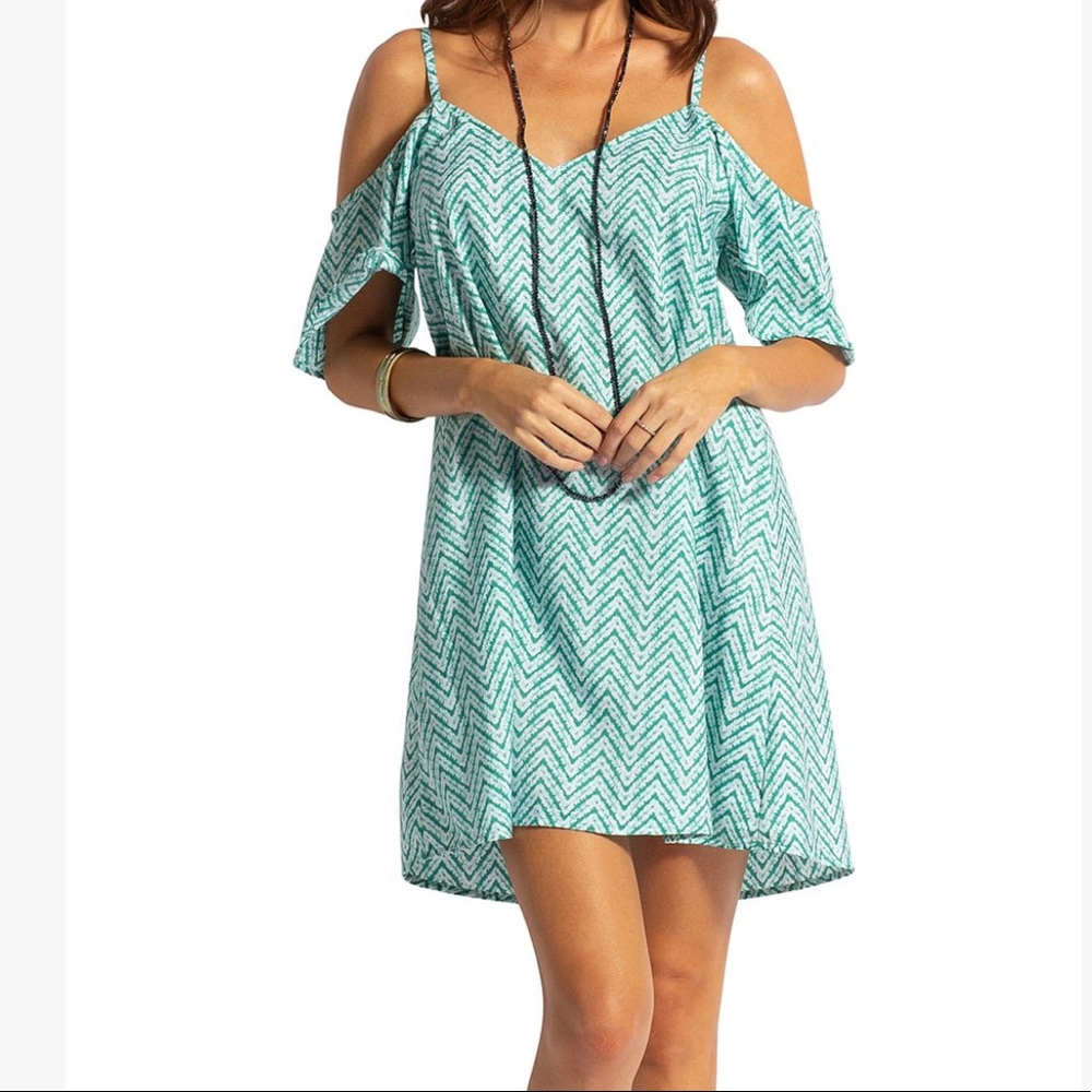 Canton Green & White Cold Shoulder Dress - Size Large